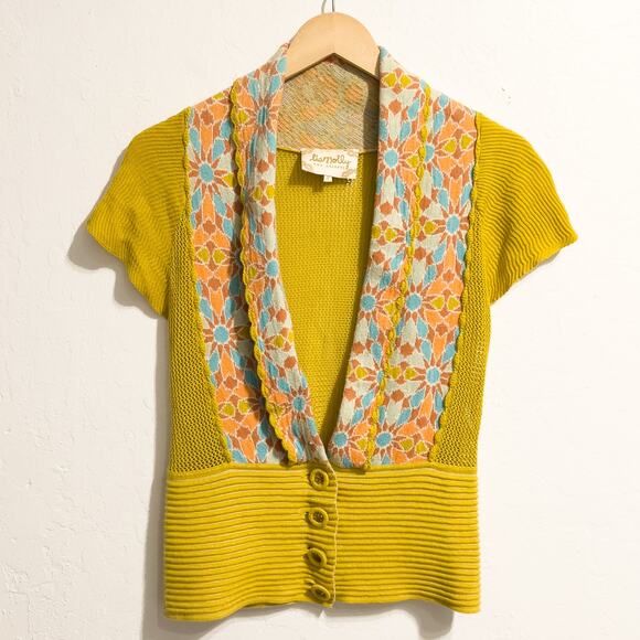Lia Molly Vest Womens Small Knit Mustard Yellow Floral Button Retro Vest - Picture 1 of 10